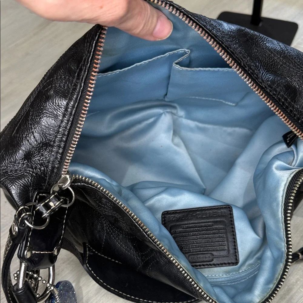 Coach Black Signature Stripe Stitched Leather Hobo Bag with Silver Accents
